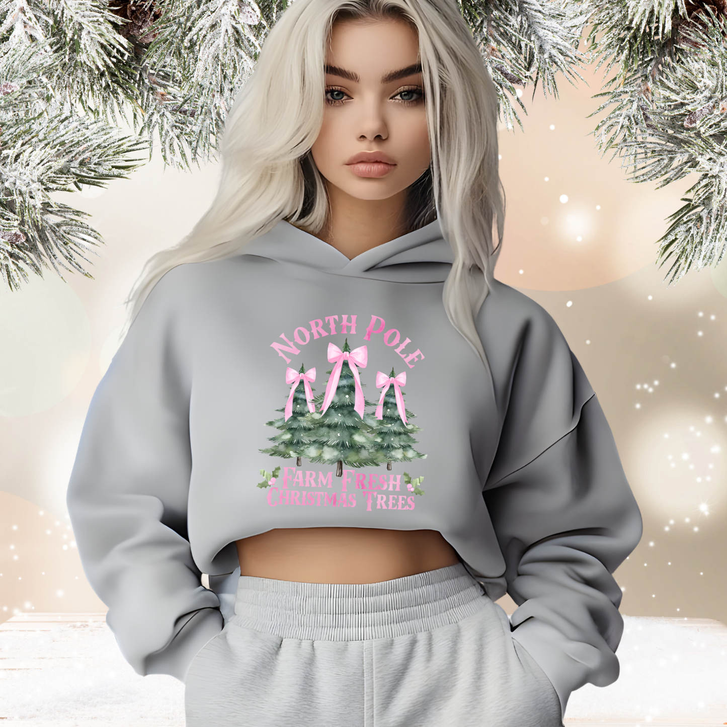 North Pole Christmas Trees Crop Hoodie