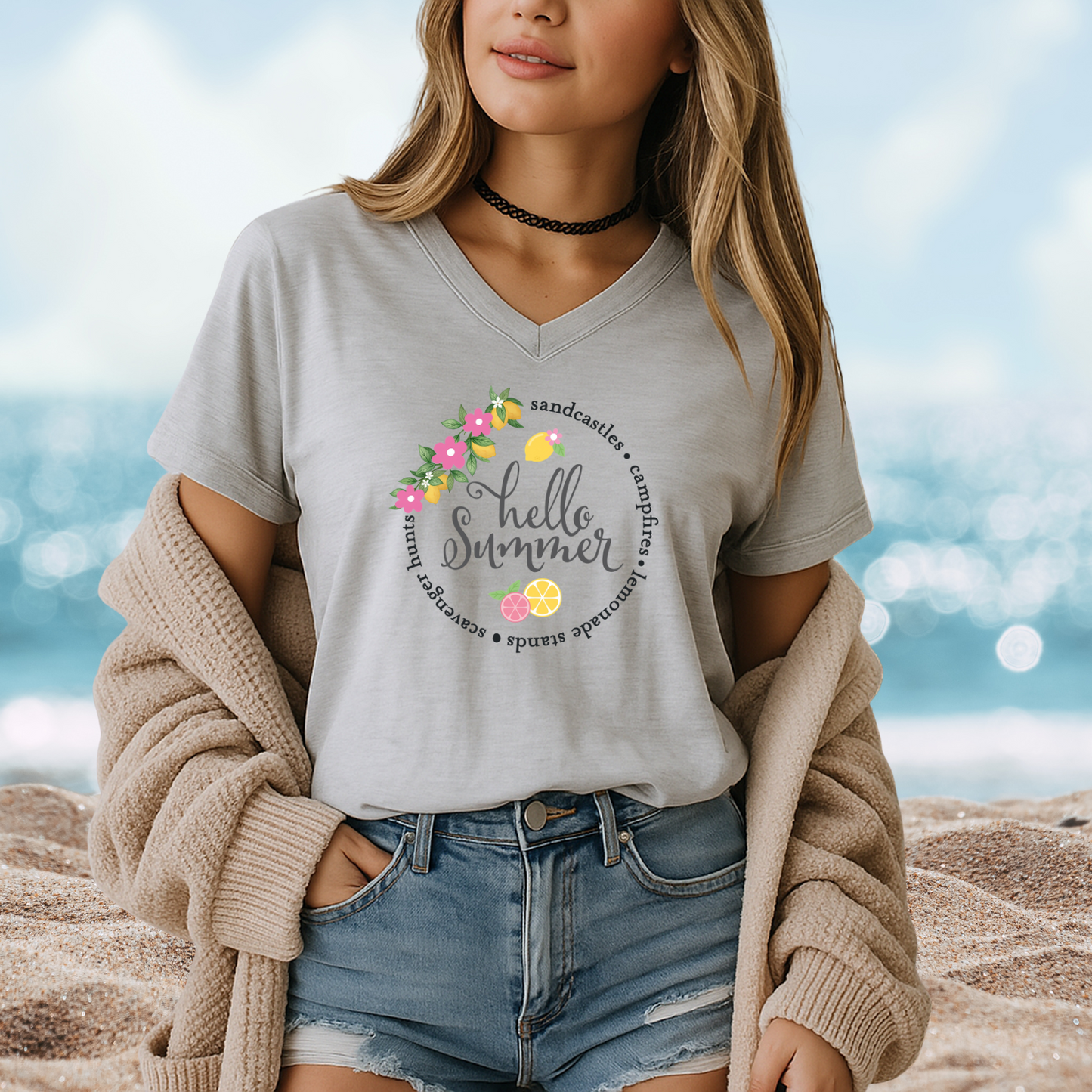 Hello Summer Sandcastles V-Neck Tee