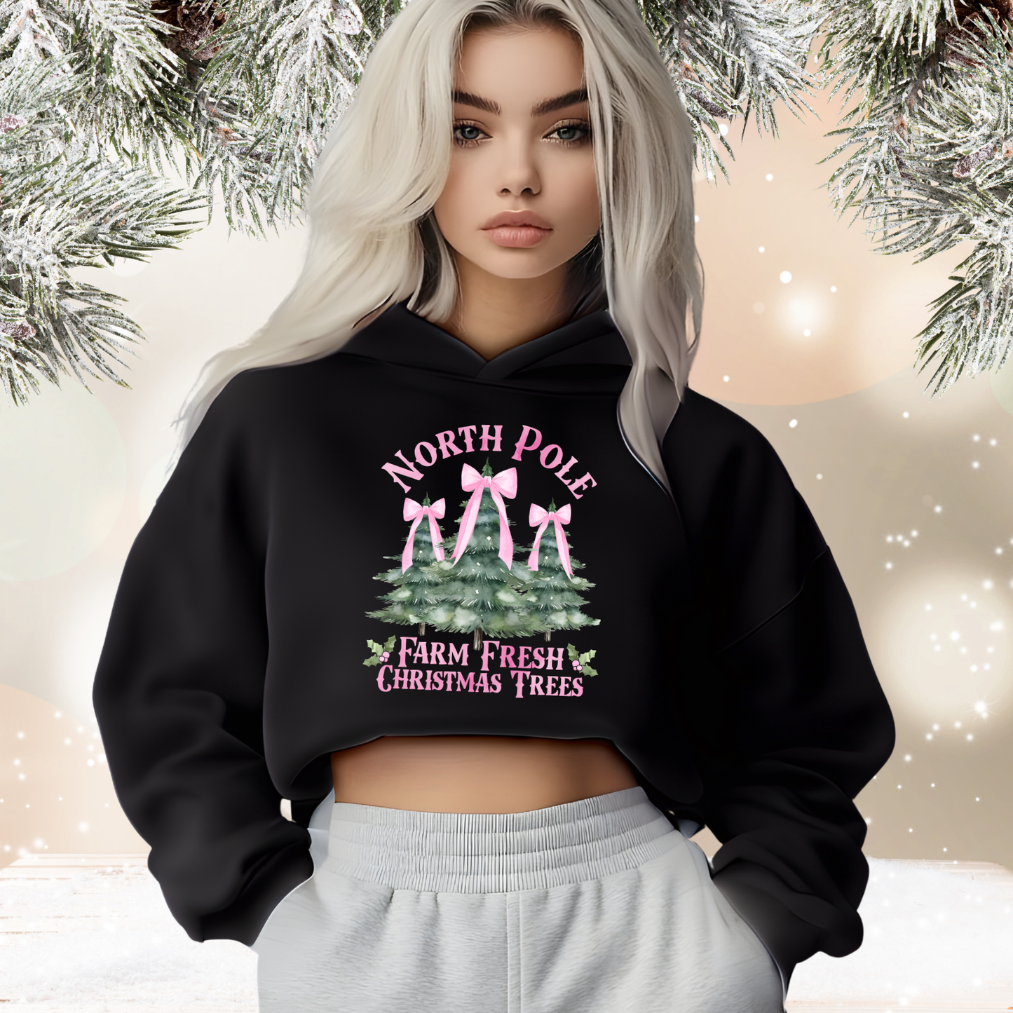 North Pole Christmas Trees Crop Hoodie