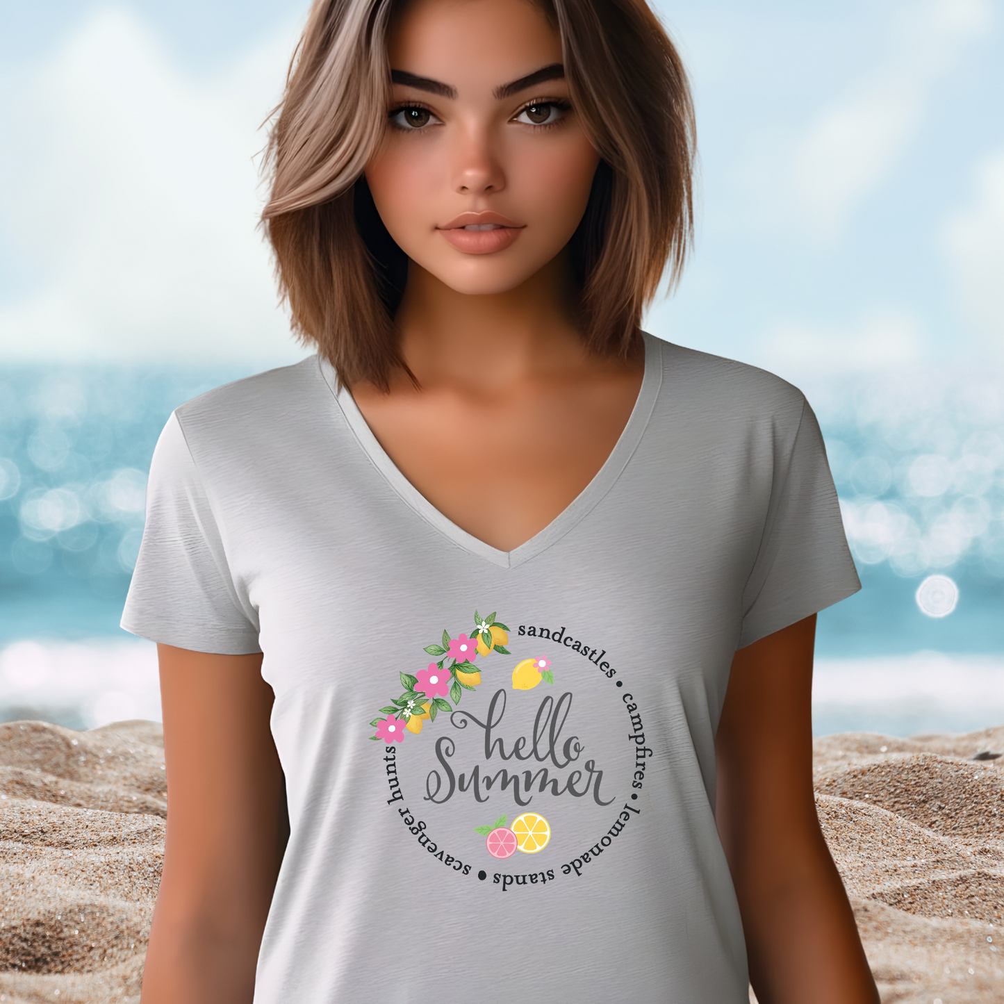 Hello Summer Sandcastles V-Neck Tee