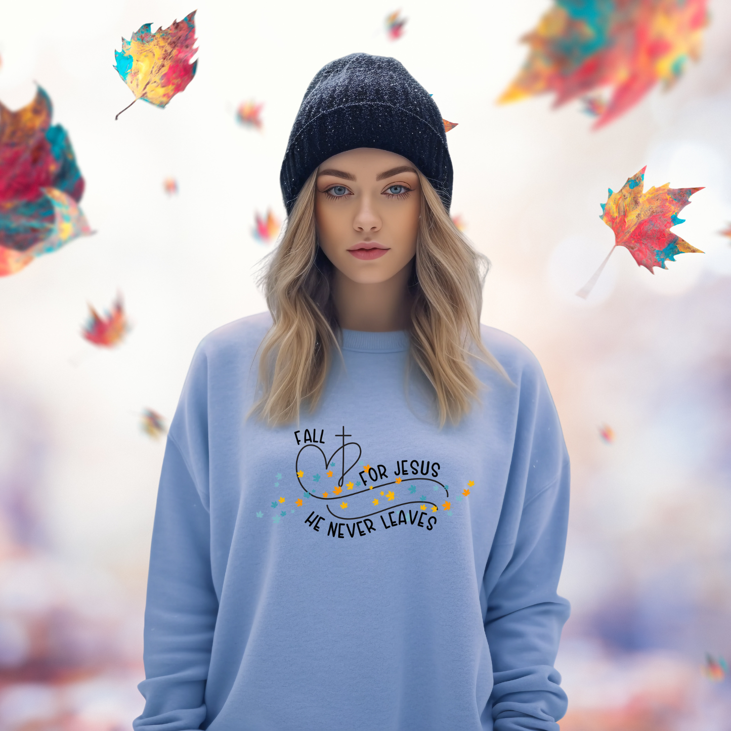 Fall for Jesus, He Never Leaves Crewneck Sweatshirt