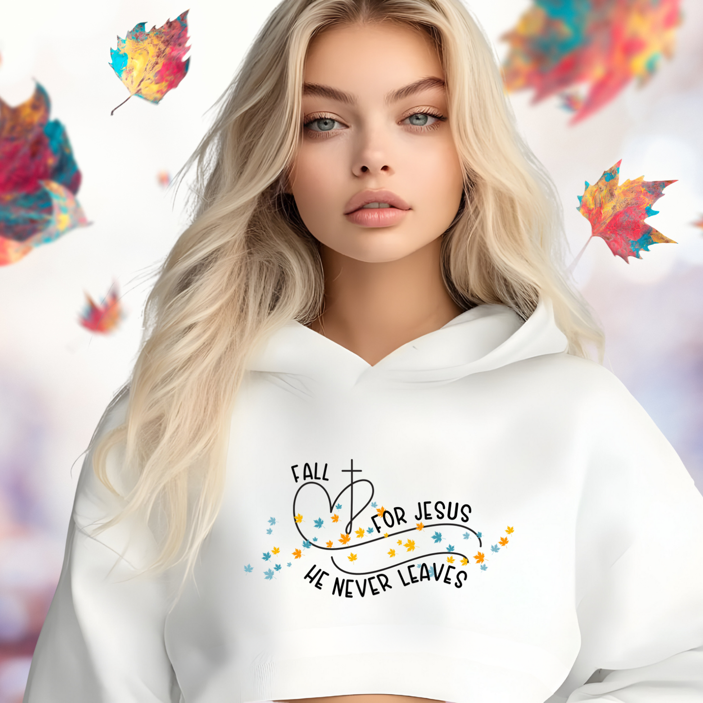 Fall for Jesus, He Never Leaves Crop Hoodie
