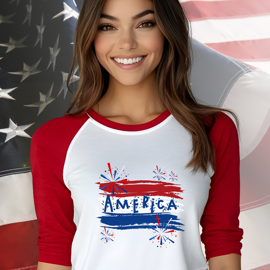 America Firework Burst Baseball Tee