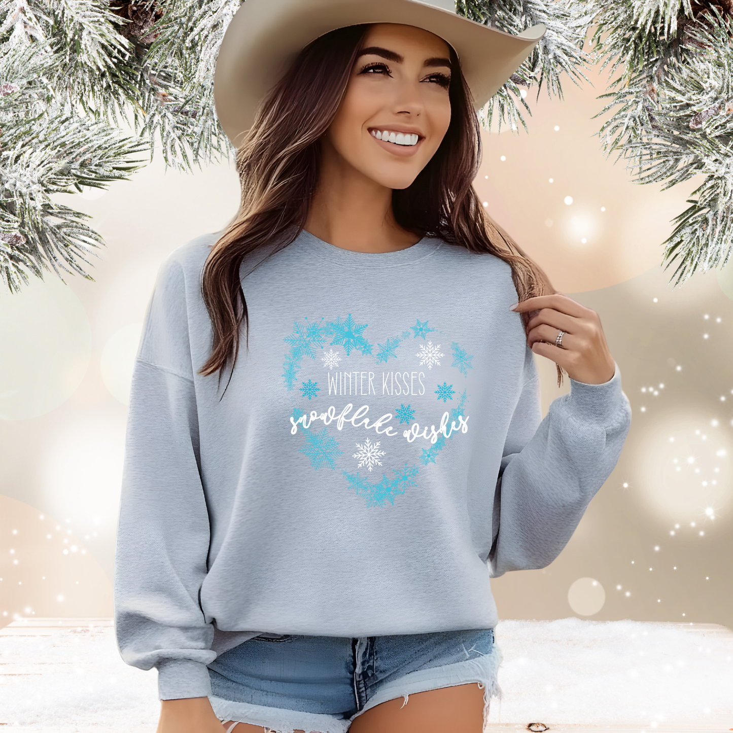 Winter Kisses, Snowflake Wishes Crewneck Sweatshirt